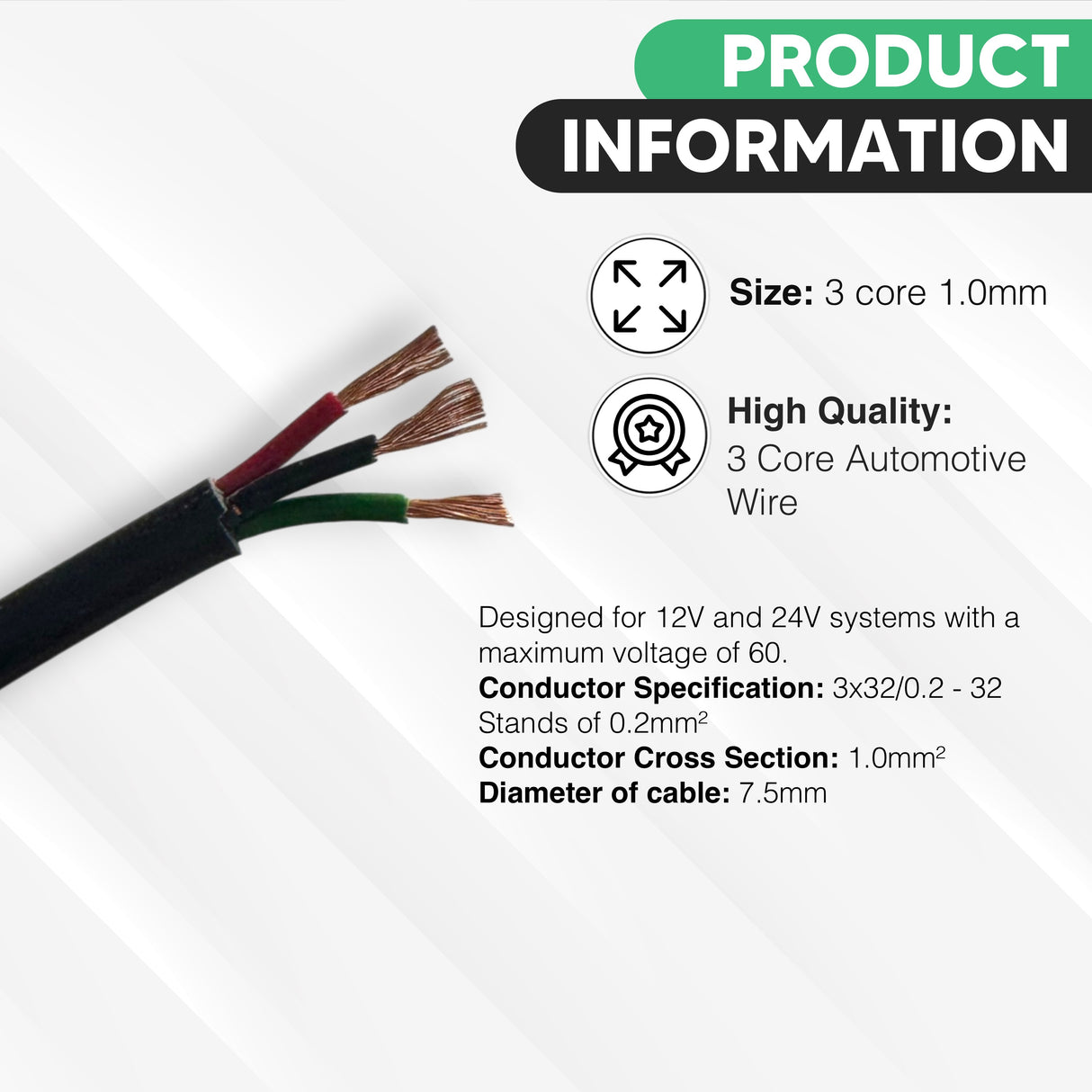 3 core 1.0mm 12v cable