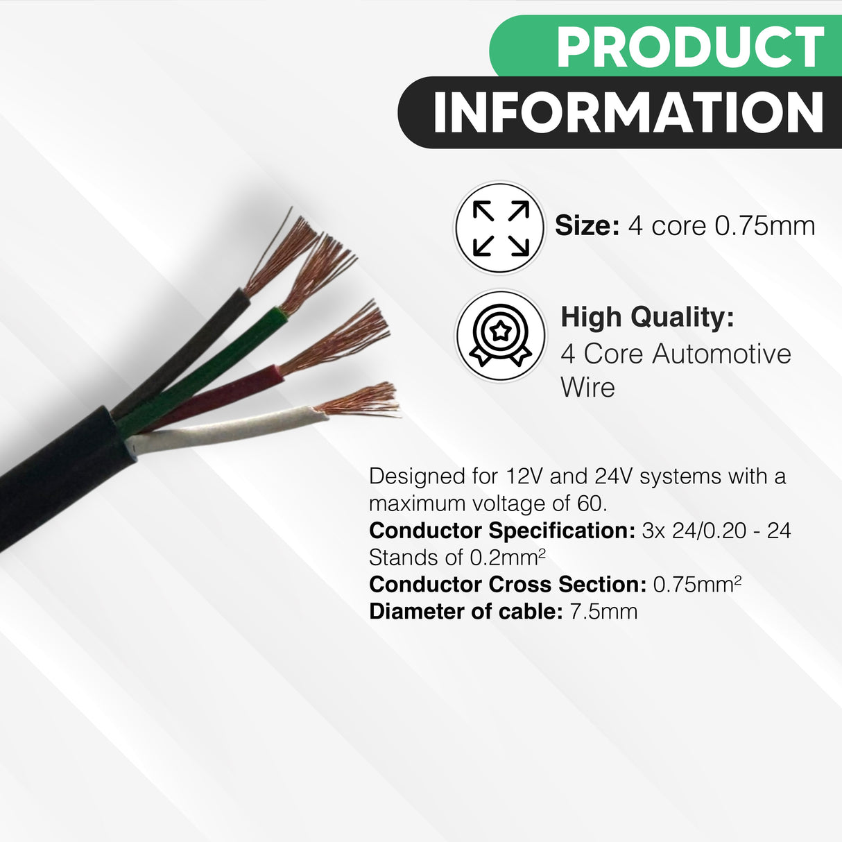 4 Core Cable 0.75mm² 14Amps Round Red/Black 12V 24V Auto Car Boat Automotive Wire