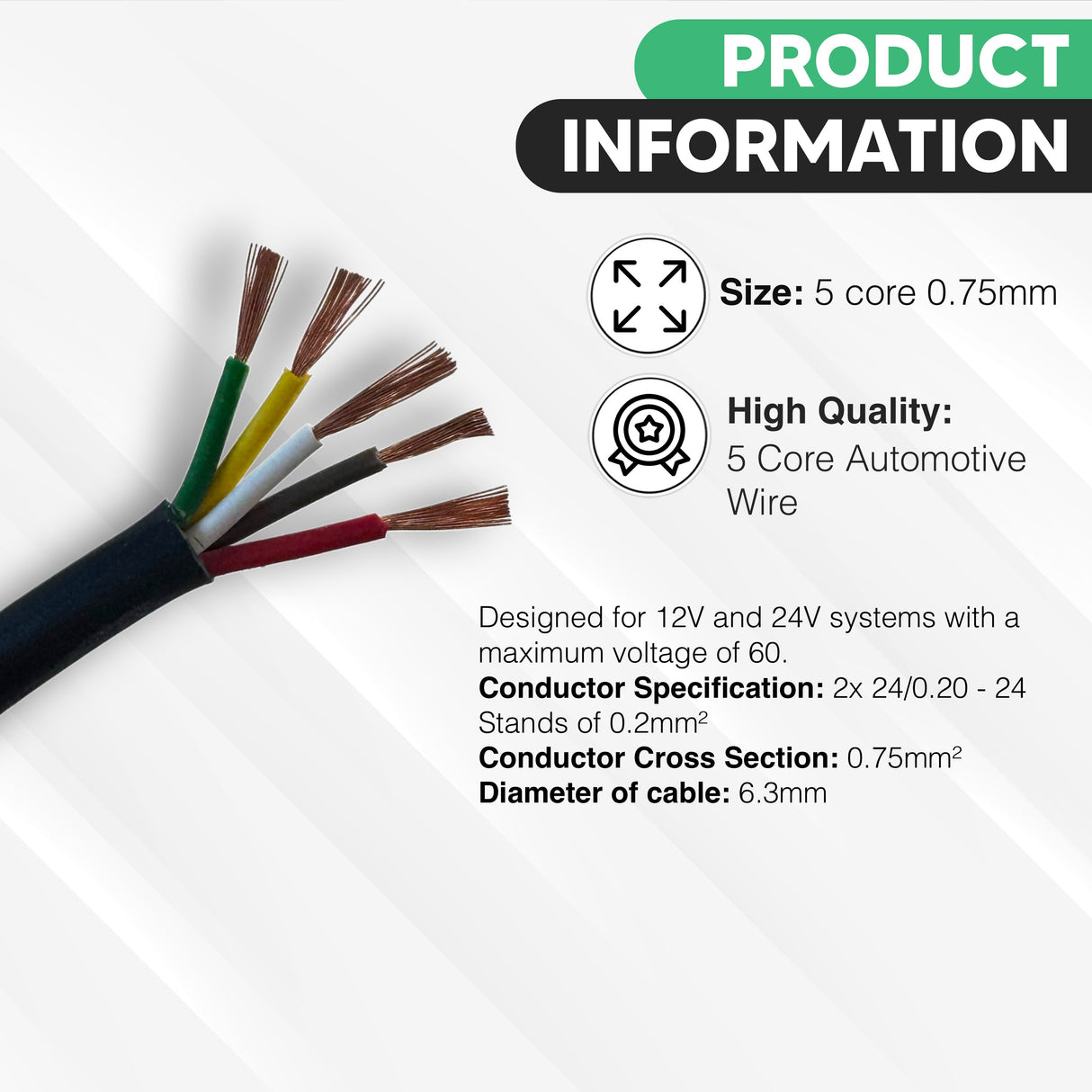 5 Core Cable 0.75mm² 14Amps Round Red/Black 12V 24V Auto Car Boat Automotive Wire